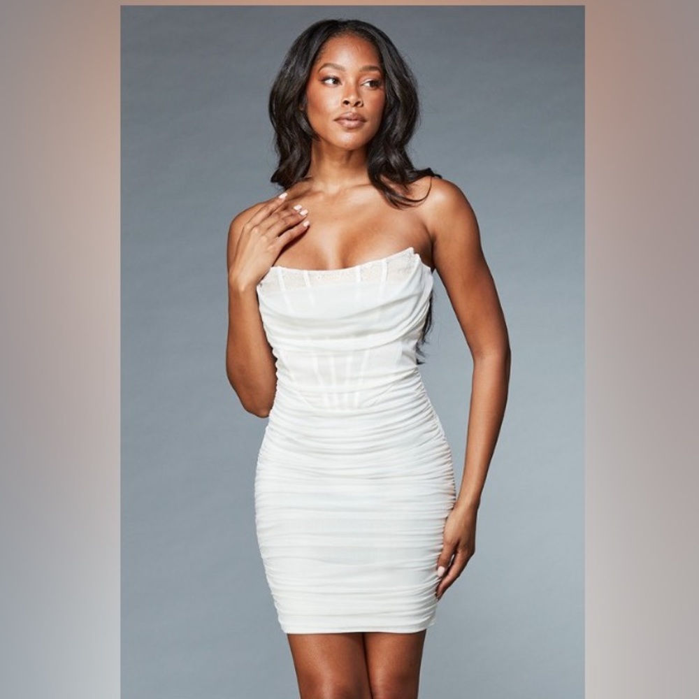 Draped mesh strapless corset mini dress